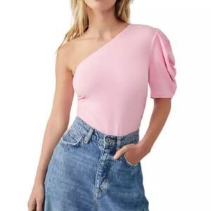 NWOT Free People Somethin Bout You Pink Puff Sleeve One Shoulder Bodysuit M